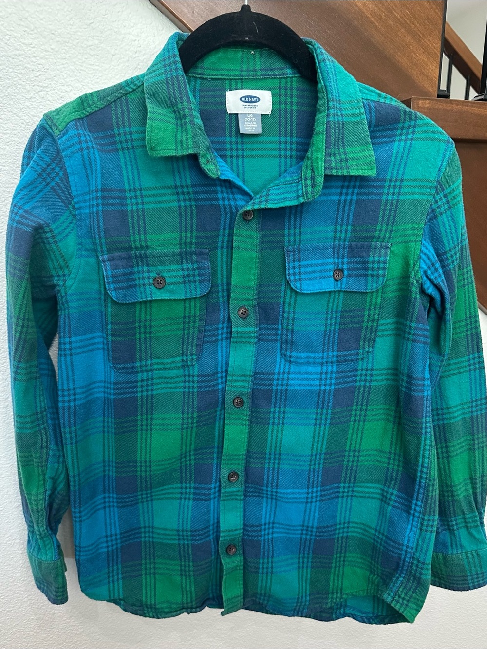 Boys Old Navy Blue and Green Plaid Button-Down Shirt